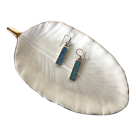 Sterling Silver 925 Blue Opal Stone Bar Earrings - Picture 5 of 9